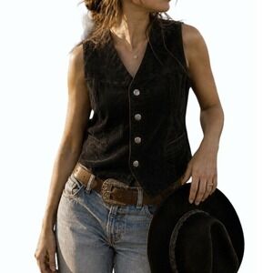 Vintage Suede Leather Western Black Vest Small Cowgirl Boho Festival Ren‎ Rodeo